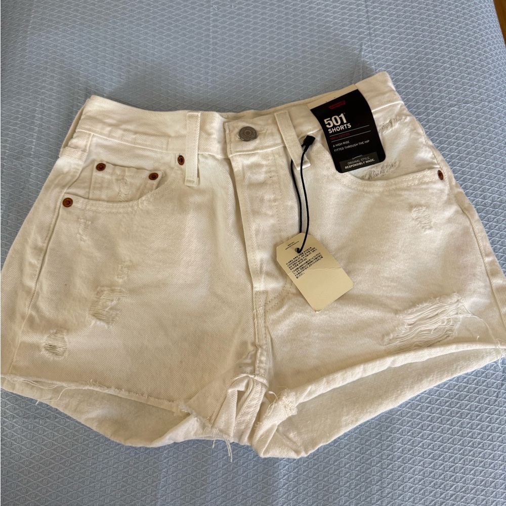 Levi's White 501 High-Rise Distressed Denim Shorts
